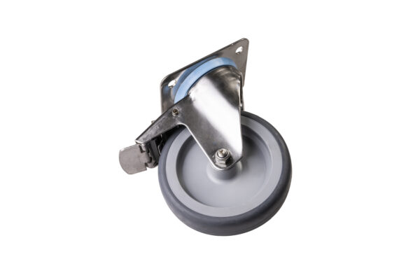 RUOTA GOMMATA GIREVOLE CON FRENO E SUPPORTO INOX