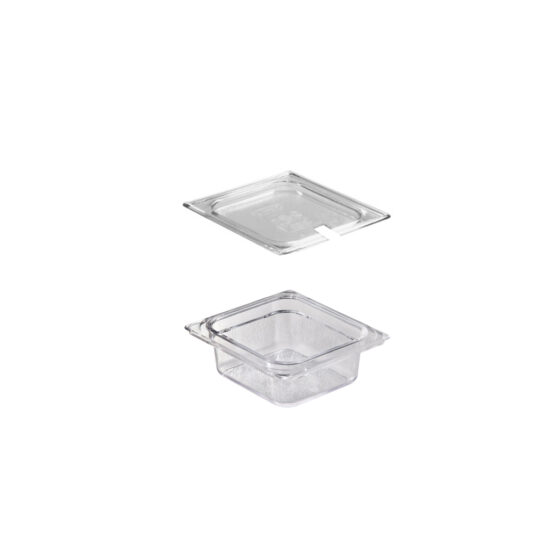 Polycarbonate GN 1/6 pan h. 65 mm with Polycarbonate GN 1/6 lid with GN spoon notch.