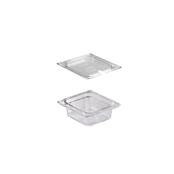 Polycarbonate GN 1/6 pan h. 65 mm with Polycarbonate GN 1/6 lid with GN spoon notch.